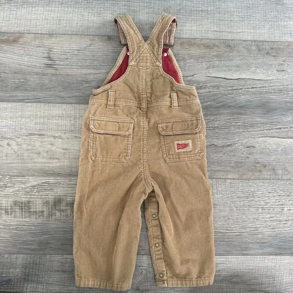 Vtg Y2K Old Navy Brown Tan Corduroy Overalls size 12-18 Months Carpenter Snap